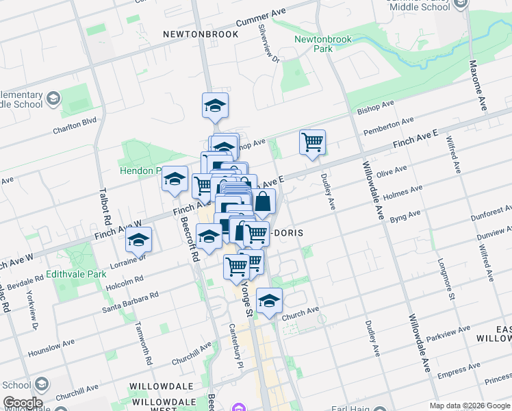 map of restaurants, bars, coffee shops, grocery stores, and more near 28 Olive Avenue in Toronto