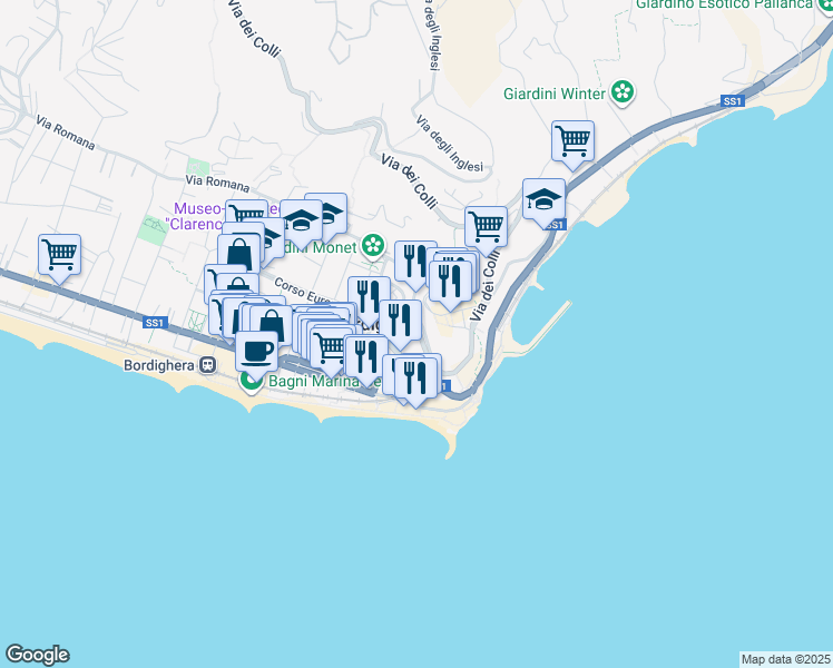 map of restaurants, bars, coffee shops, grocery stores, and more near 29 Via Venti Settembre in Bordighera