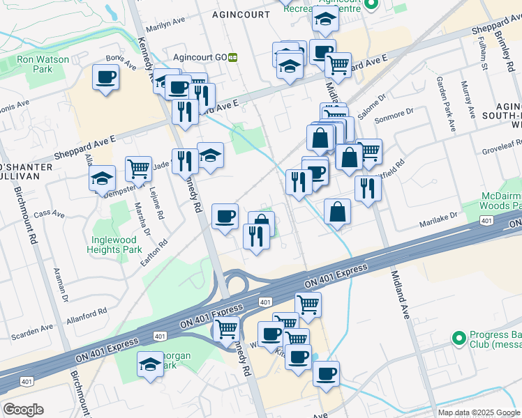 map of restaurants, bars, coffee shops, grocery stores, and more near 267 Village Green Square in Toronto
