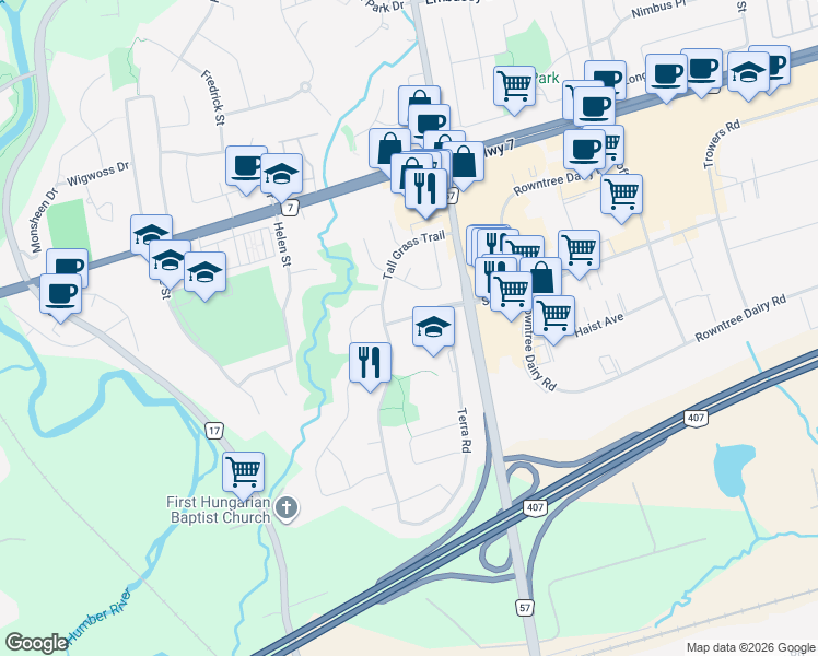 map of restaurants, bars, coffee shops, grocery stores, and more near 157 Tall Grass Trail in Vaughan