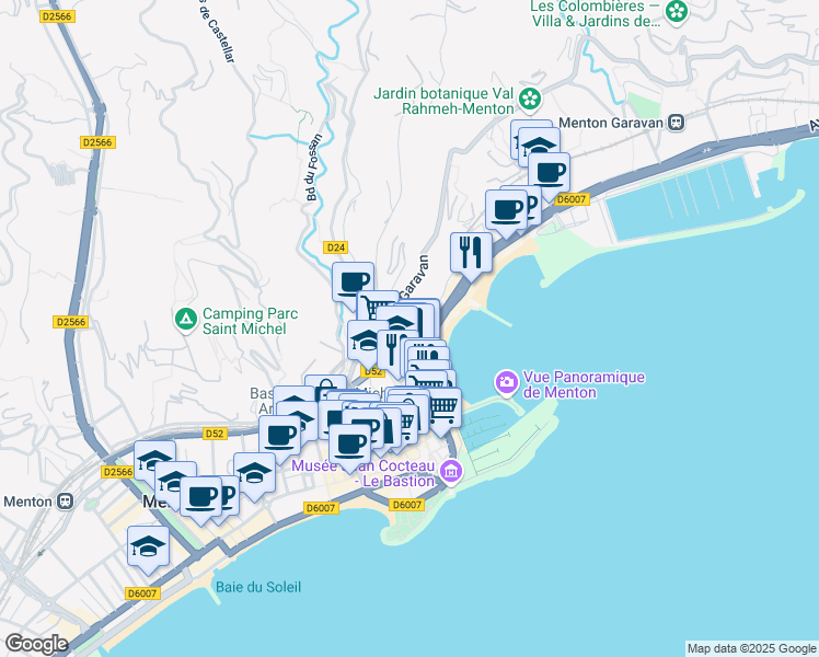 map of restaurants, bars, coffee shops, grocery stores, and more near 8 Avenue Laurenti in Menton