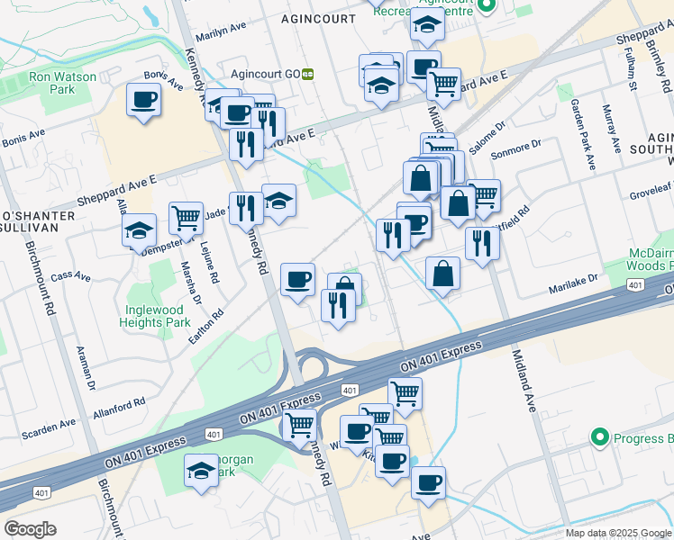 map of restaurants, bars, coffee shops, grocery stores, and more near 275 Village Green Square in Toronto