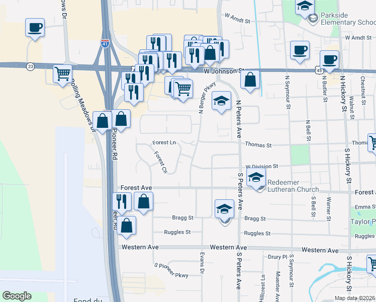 map of restaurants, bars, coffee shops, grocery stores, and more near 30 North Berger Parkway in Fond du Lac