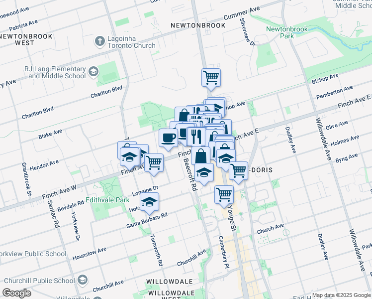 map of restaurants, bars, coffee shops, grocery stores, and more near 28 Finch Avenue West in Toronto