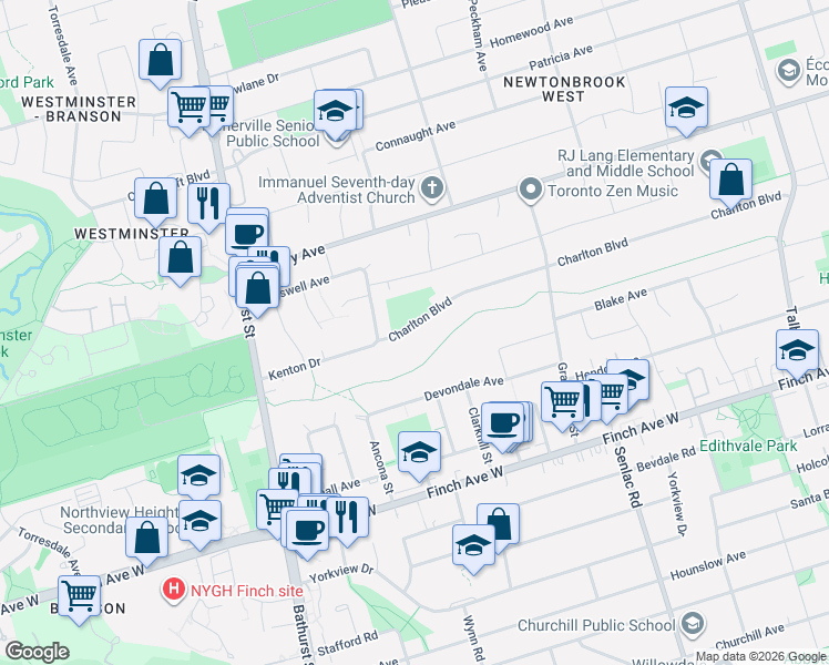 map of restaurants, bars, coffee shops, grocery stores, and more near 169 Charlton Boulevard in Toronto