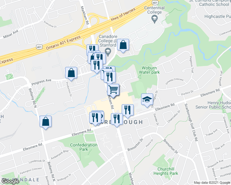 map of restaurants, bars, coffee shops, grocery stores, and more near 10 Tuxedo Court in Toronto