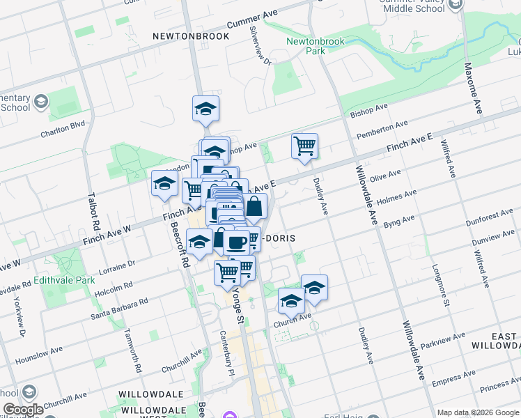 map of restaurants, bars, coffee shops, grocery stores, and more near in Toronto