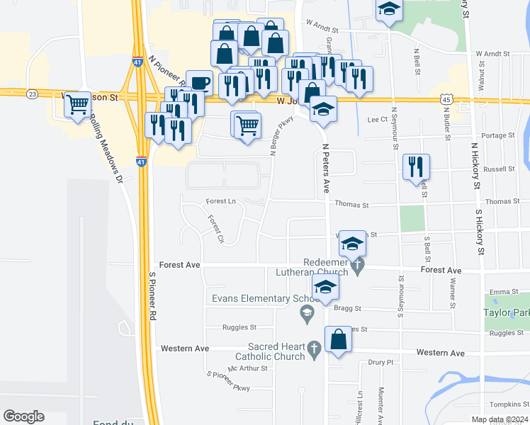 map of restaurants, bars, coffee shops, grocery stores, and more near 15 North Berger Parkway in Fond du Lac