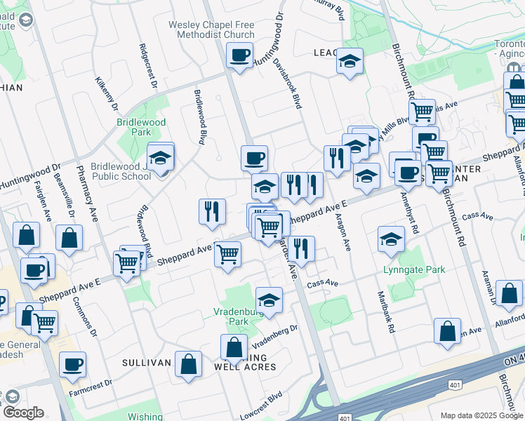 map of restaurants, bars, coffee shops, grocery stores, and more near in Toronto