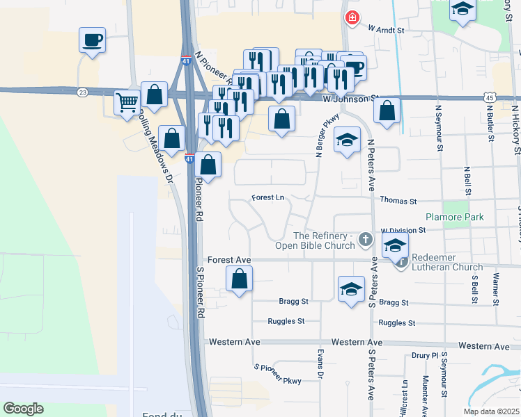 map of restaurants, bars, coffee shops, grocery stores, and more near 895 Forest Circle in Fond du Lac