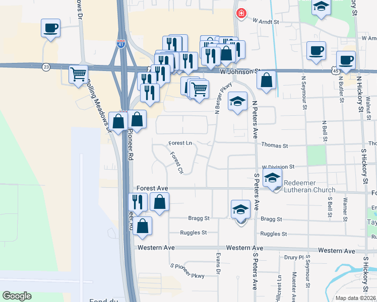map of restaurants, bars, coffee shops, grocery stores, and more near 871 Forest Circle in Fond du Lac