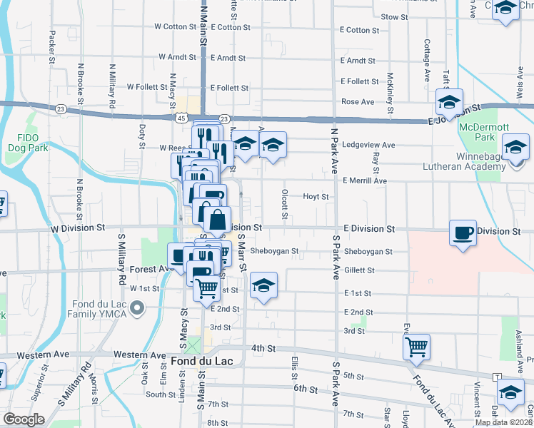 map of restaurants, bars, coffee shops, grocery stores, and more near 101 East Division Street in Fond du Lac