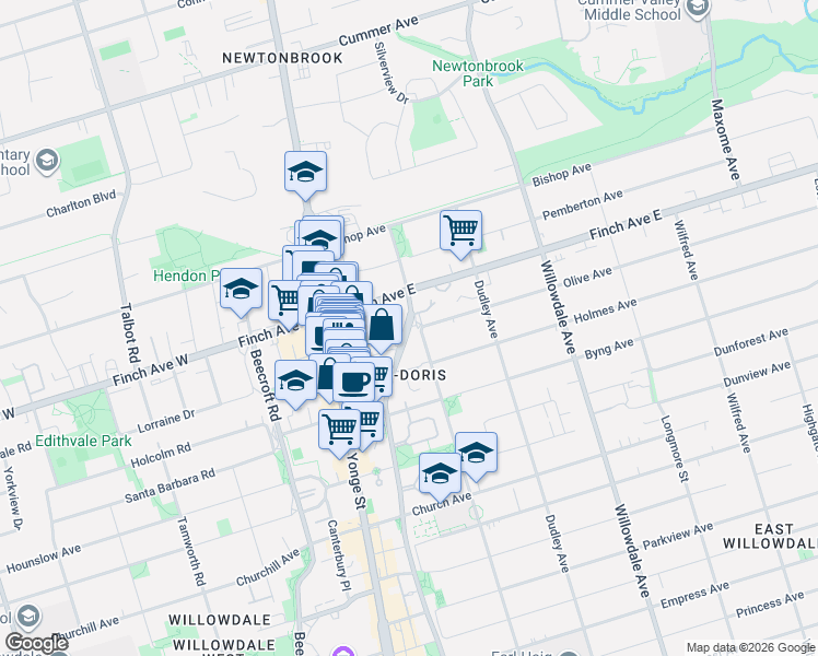 map of restaurants, bars, coffee shops, grocery stores, and more near 36 Olive Avenue in Toronto