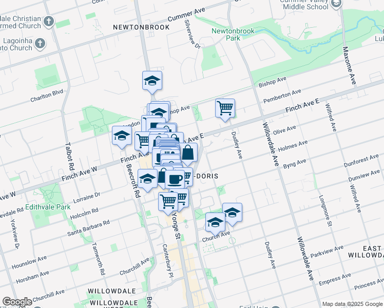 map of restaurants, bars, coffee shops, grocery stores, and more near 36 Olive Avenue in Toronto