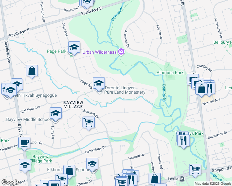 map of restaurants, bars, coffee shops, grocery stores, and more near 59 Forest Grove Drive in Toronto