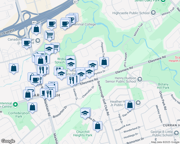 map of restaurants, bars, coffee shops, grocery stores, and more near 5 Portico Drive in Toronto