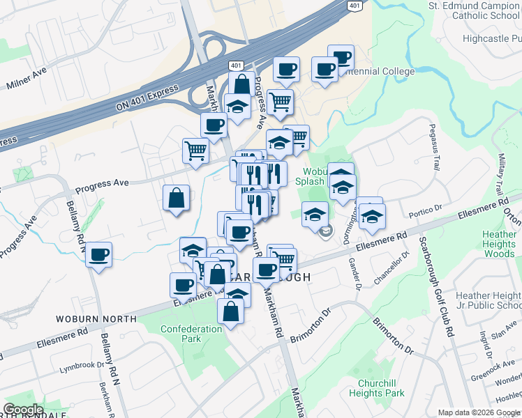 map of restaurants, bars, coffee shops, grocery stores, and more near 10 Tuxedo Court in Toronto