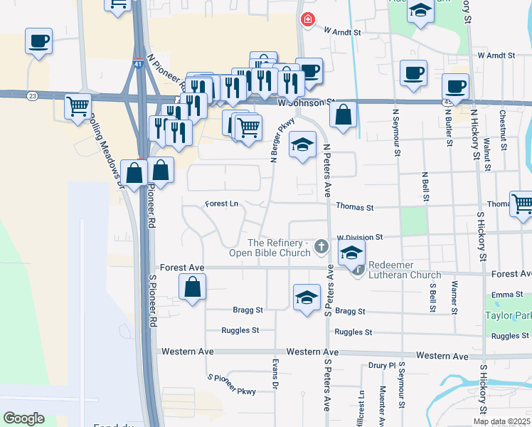 map of restaurants, bars, coffee shops, grocery stores, and more near 15 North Berger Parkway in Fond du Lac