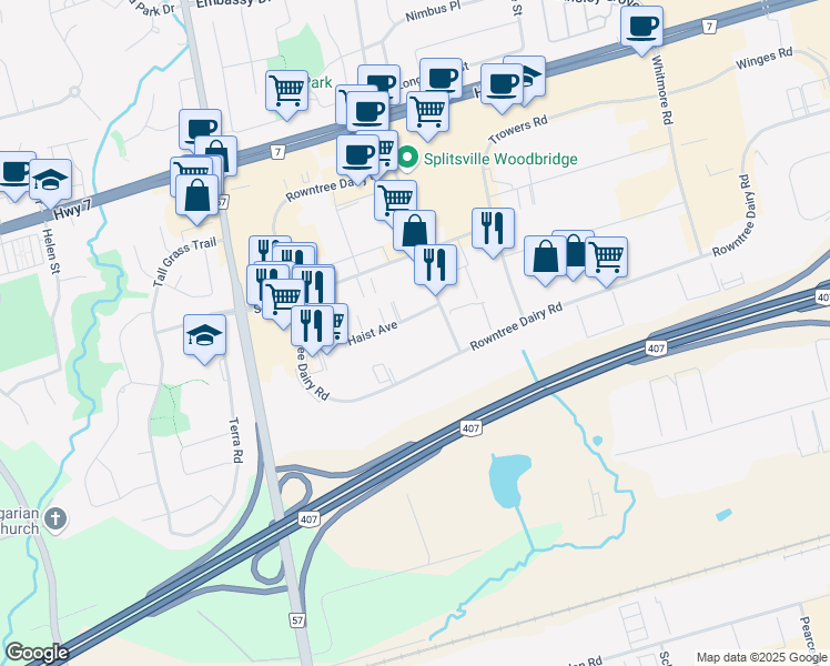map of restaurants, bars, coffee shops, grocery stores, and more near 39 Haist Avenue in Vaughan
