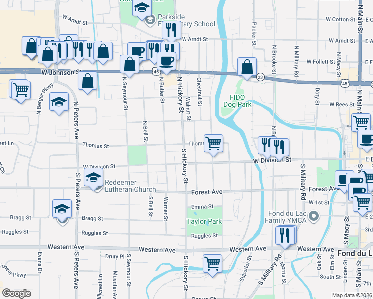 map of restaurants, bars, coffee shops, grocery stores, and more near 27 North Hickory Street in Fond du Lac