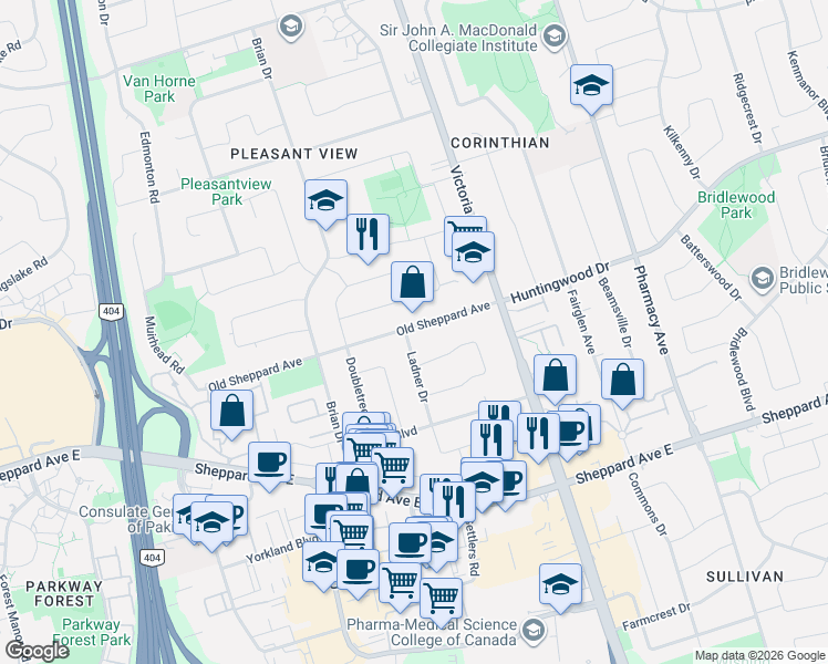 map of restaurants, bars, coffee shops, grocery stores, and more near in Toronto