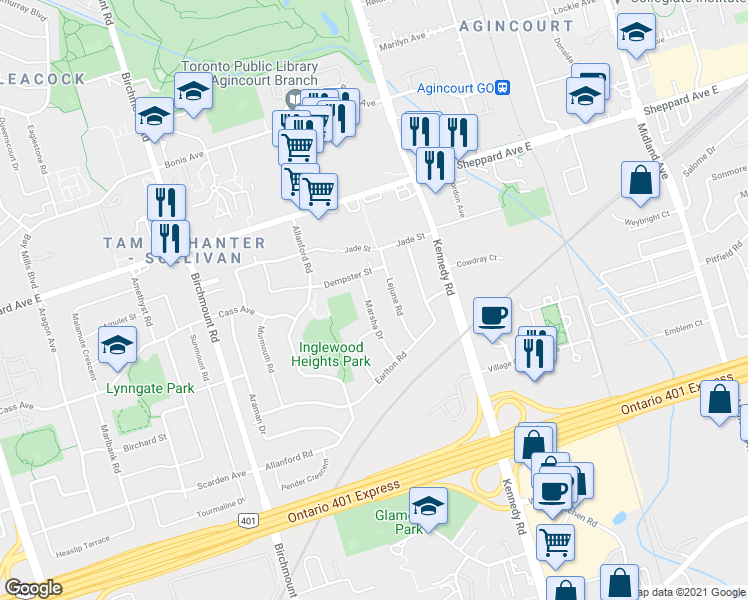 map of restaurants, bars, coffee shops, grocery stores, and more near 23 Marsha Drive in Toronto