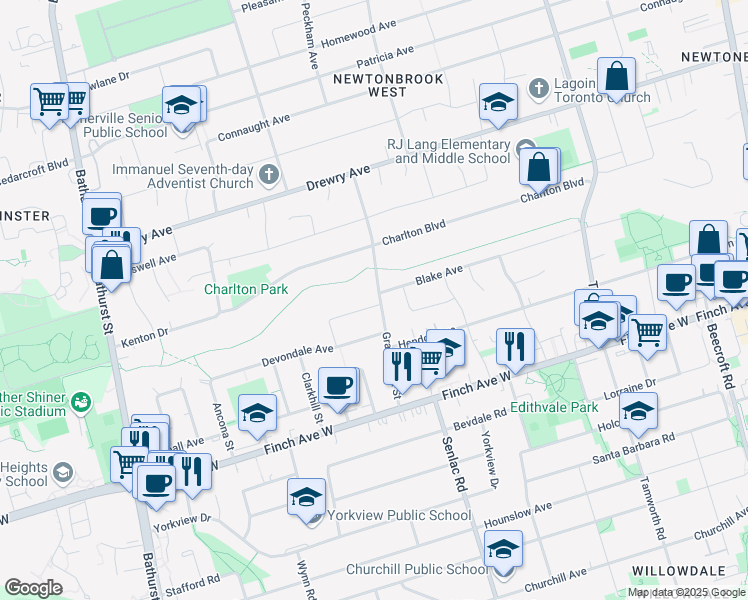 map of restaurants, bars, coffee shops, grocery stores, and more near 52 Grantbrook Street in Toronto