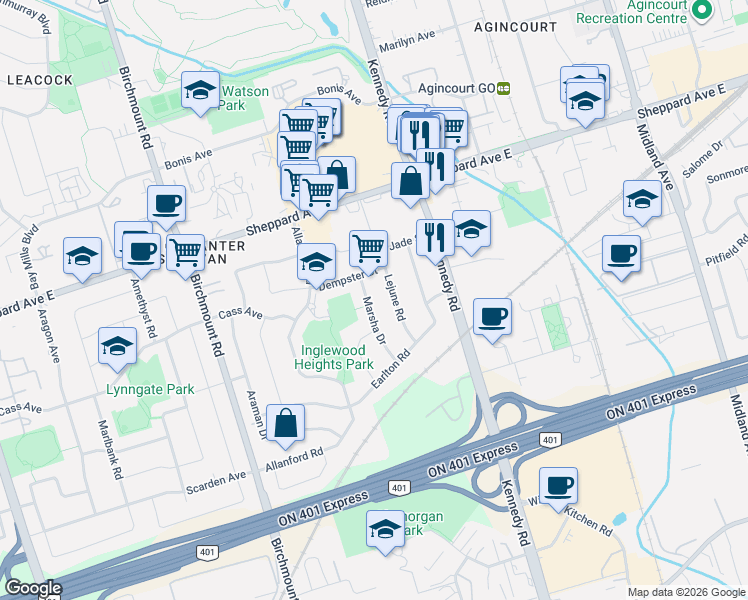 map of restaurants, bars, coffee shops, grocery stores, and more near 23 Marsha Drive in Toronto