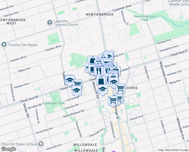 map of restaurants, bars, coffee shops, grocery stores, and more near 15 Greenview Avenue in Toronto