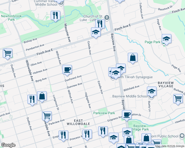 map of restaurants, bars, coffee shops, grocery stores, and more near 293 Dunforest Avenue in Toronto