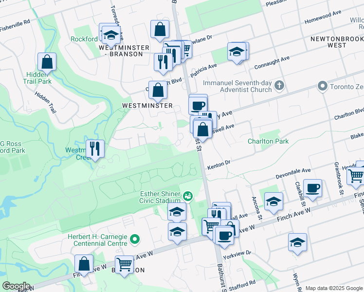 map of restaurants, bars, coffee shops, grocery stores, and more near 115 Antibes Drive in Toronto