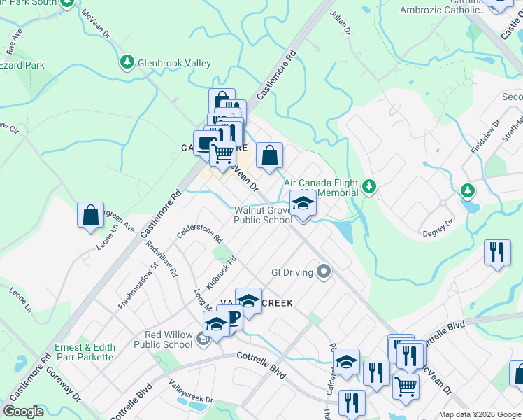 map of restaurants, bars, coffee shops, grocery stores, and more near 28 Bluffwood Crescent in Brampton