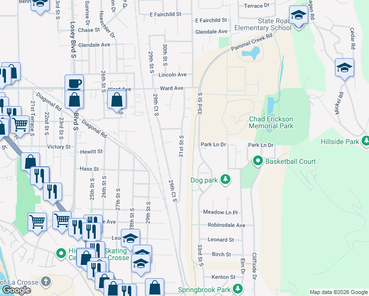 map of restaurants, bars, coffee shops, grocery stores, and more near 3009 31st Street South in La Crosse
