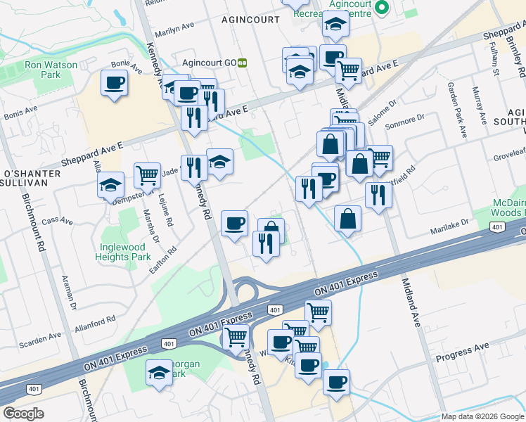 map of restaurants, bars, coffee shops, grocery stores, and more near 275 Village Green Square in Toronto