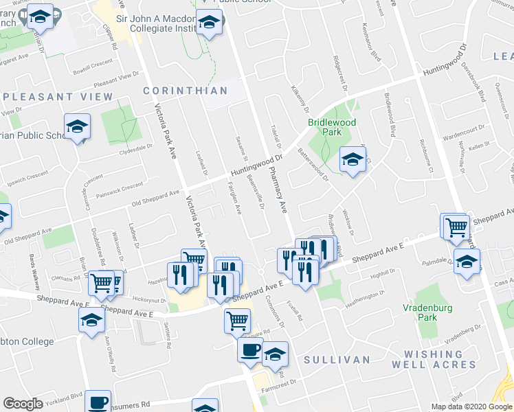 map of restaurants, bars, coffee shops, grocery stores, and more near 24 Beamsville Drive in Toronto
