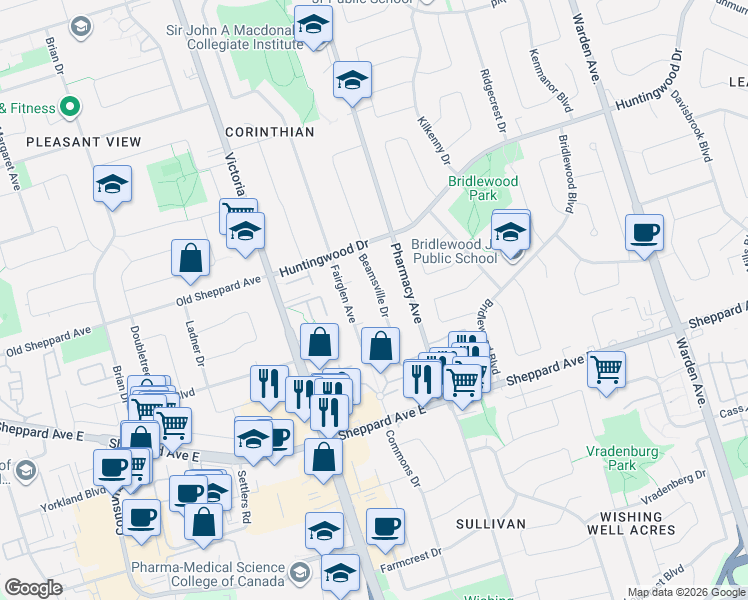map of restaurants, bars, coffee shops, grocery stores, and more near 24 Beamsville Drive in Toronto