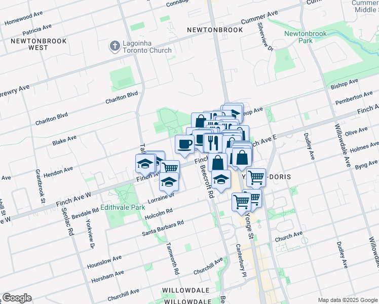 map of restaurants, bars, coffee shops, grocery stores, and more near 11 Eldora Avenue in Toronto