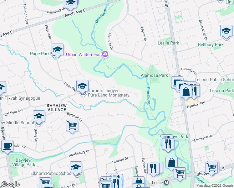 map of restaurants, bars, coffee shops, grocery stores, and more near 73 Forest Grove Drive in Toronto