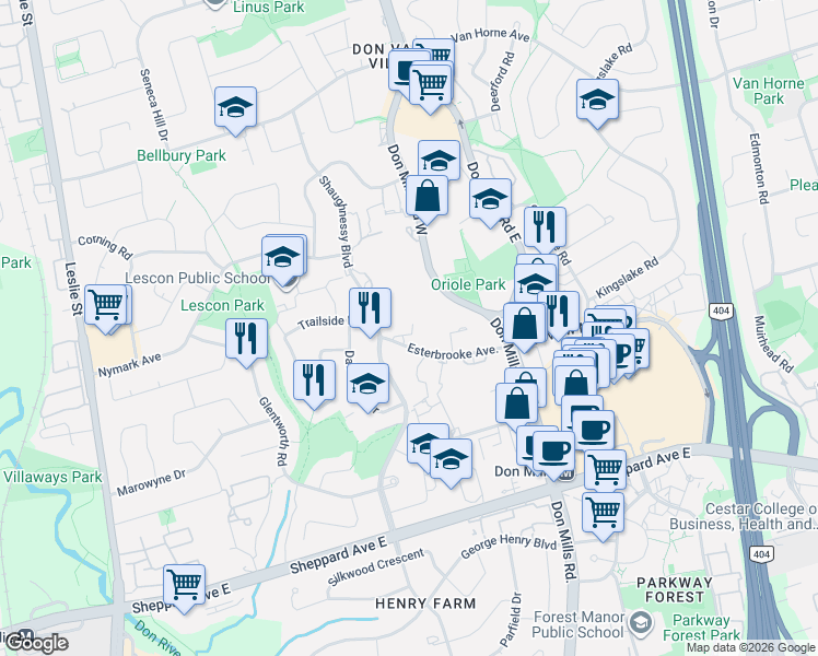 map of restaurants, bars, coffee shops, grocery stores, and more near 6 Esterbrooke Avenue in Toronto