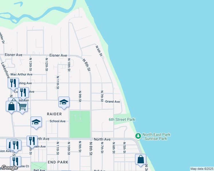 map of restaurants, bars, coffee shops, grocery stores, and more near 634 Columbus Avenue in Sheboygan