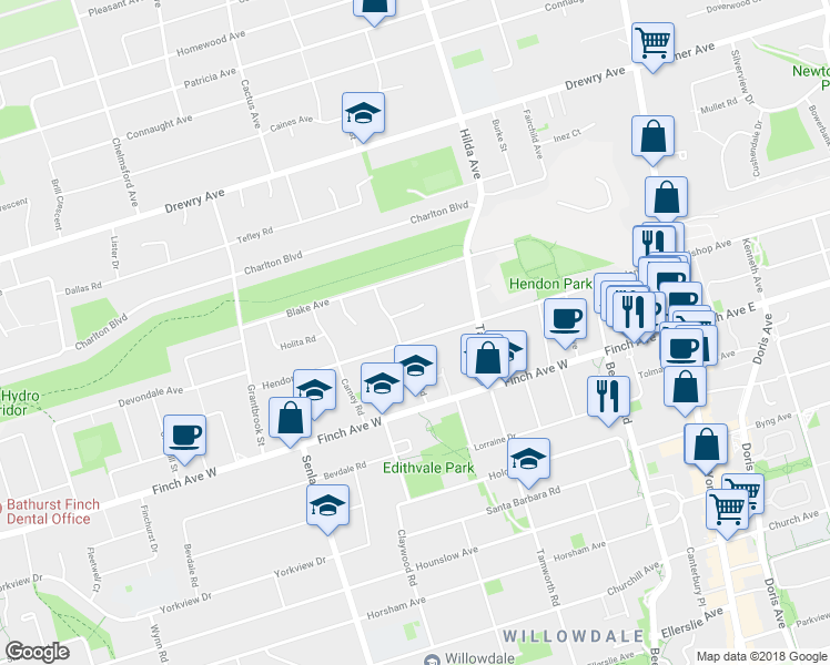 map of restaurants, bars, coffee shops, grocery stores, and more near 184 Hendon Avenue in Toronto