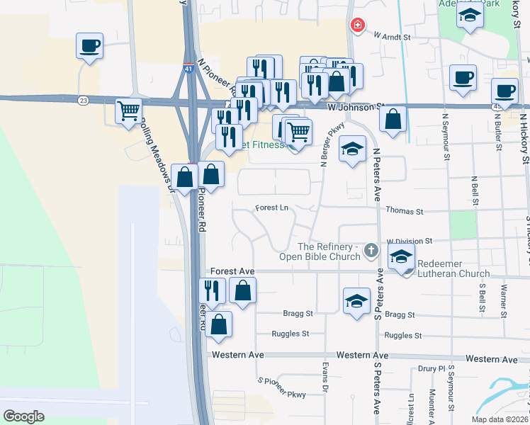 map of restaurants, bars, coffee shops, grocery stores, and more near 871 Forest Circle in Fond du Lac