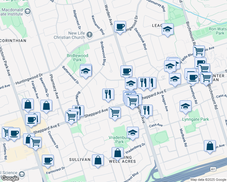 map of restaurants, bars, coffee shops, grocery stores, and more near 31 Forestbrook Crescent in Toronto