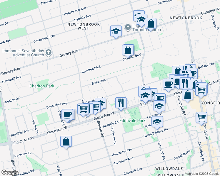 map of restaurants, bars, coffee shops, grocery stores, and more near 14 Saber Court in Toronto