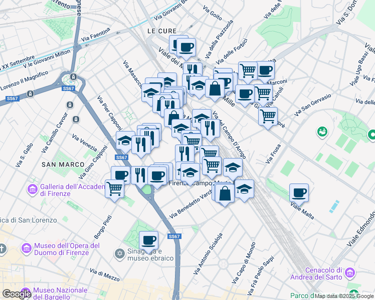 map of restaurants, bars, coffee shops, grocery stores, and more near 34 Via Giambologna in Firenze