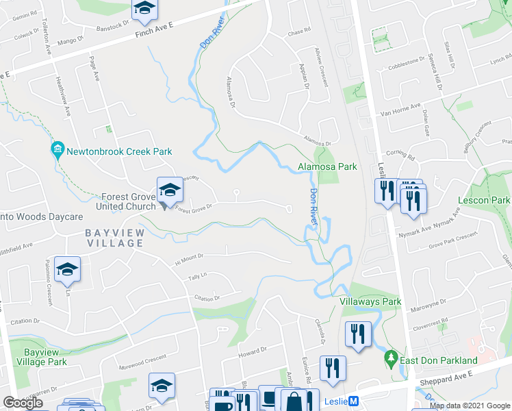 map of restaurants, bars, coffee shops, grocery stores, and more near 77 Forest Grove Drive in Toronto