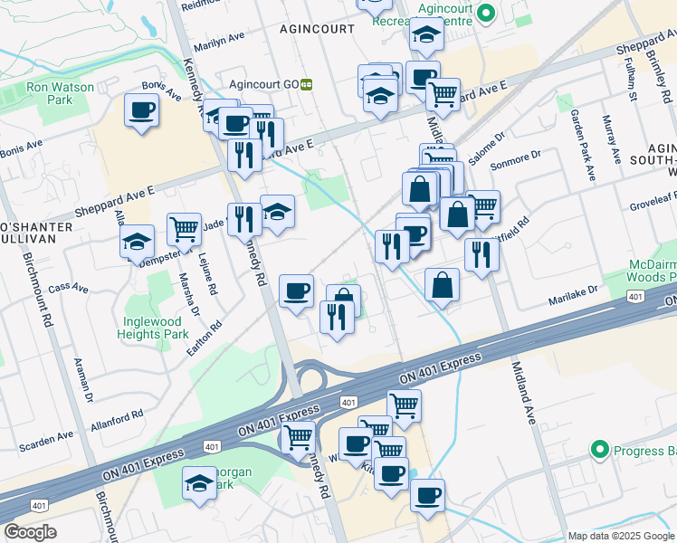 map of restaurants, bars, coffee shops, grocery stores, and more near in Toronto