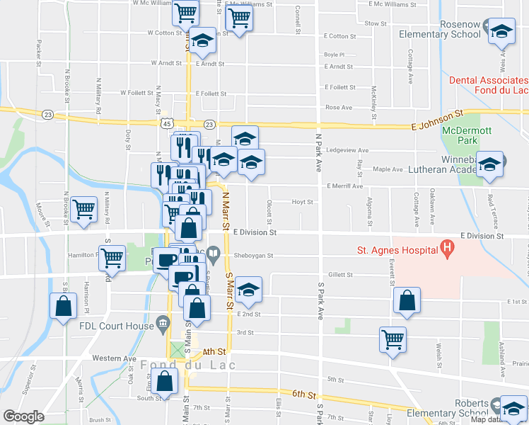 map of restaurants, bars, coffee shops, grocery stores, and more near 101 East Division Street in Fond du Lac