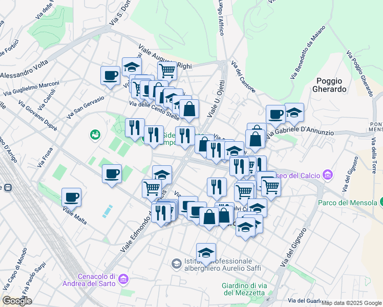 map of restaurants, bars, coffee shops, grocery stores, and more near 31 Viale Eleonora Duse in Florence