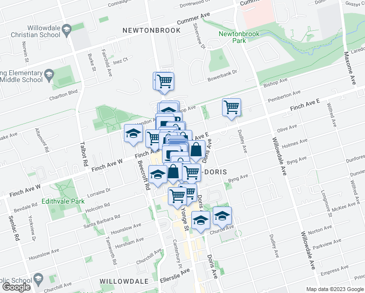 map of restaurants, bars, coffee shops, grocery stores, and more near 5519 Yonge Street in Toronto